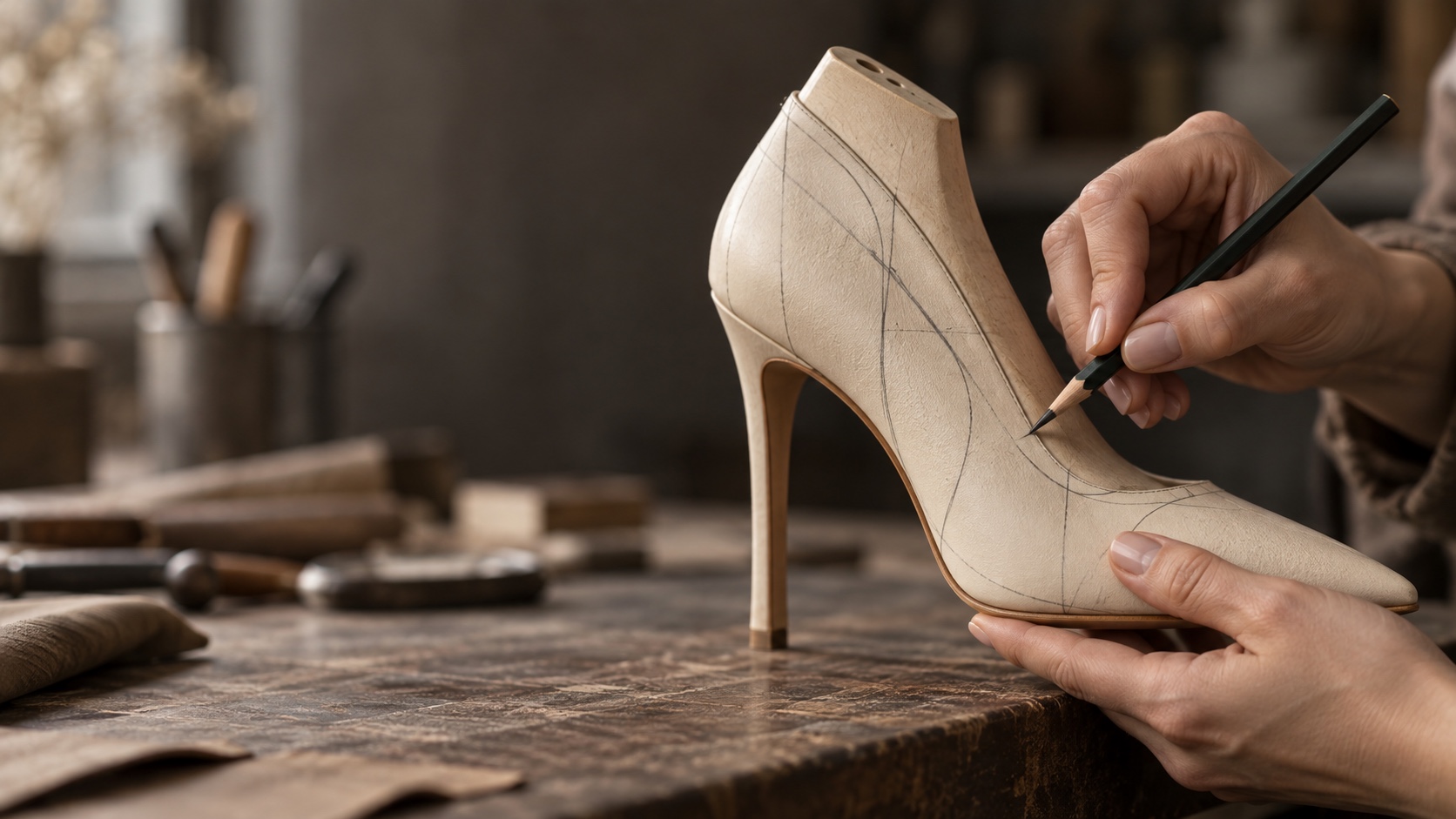 Concept image of a designer drawing pattern lines on a high-heeled shoe with a pencil